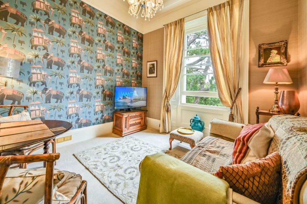 The Muntham Luxury Holiday Apartments in Torquay - Apartment 6, Living Room overlooks The Rose Garden at the side of the property.